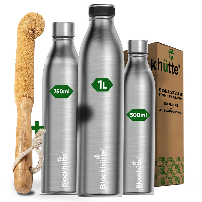 Premium Edelstahl Sport Trinkflasche isoliert mit [GRATIS Naturborsten - Bürste]