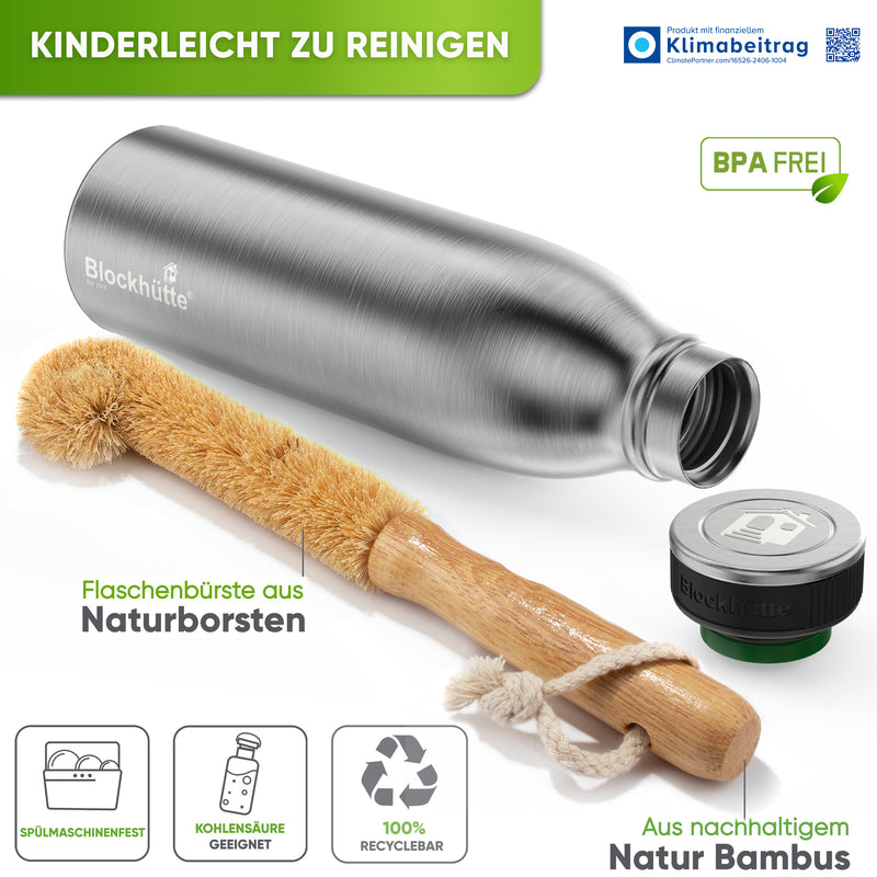 Premium Edelstahl Sport Trinkflasche isoliert mit [GRATIS Naturborsten - Bürste]