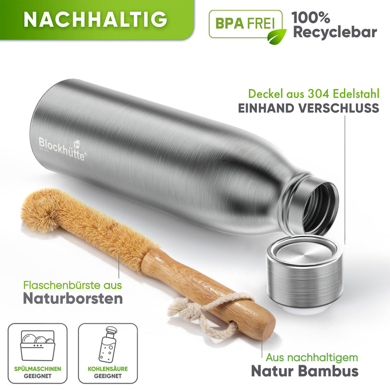 Premium Edelstahl Sport Trinkflasche isoliert mit [GRATIS Naturborsten - Bürste]